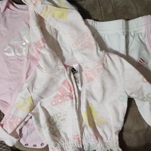Adidas 3 piece track suite set, pink, white, size 3 months